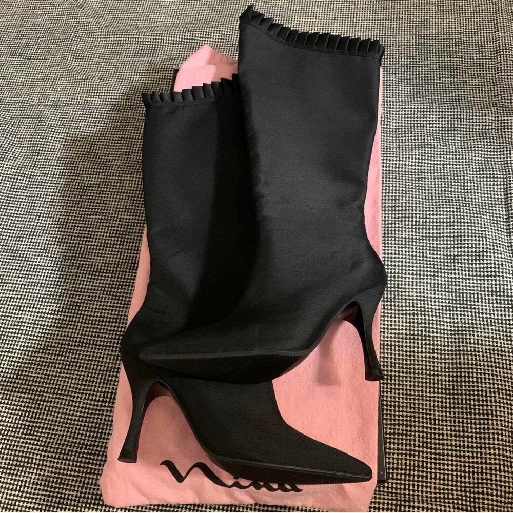 Nina Black Heeled Boots with Ruffle Trim